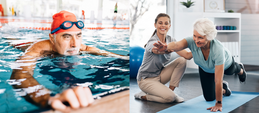 elderly-man-swimming-and-elderly-woman-stretching